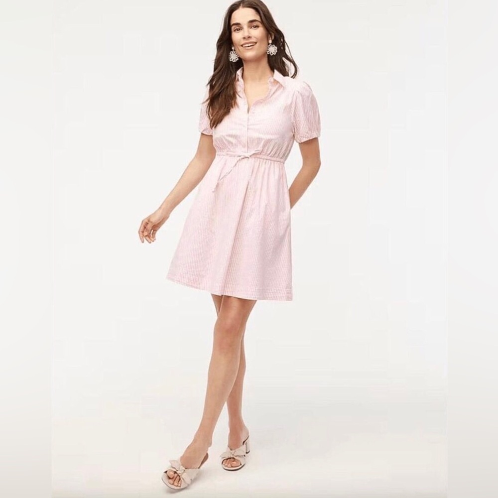 J.CREW Women's Collared Puff Sleeve tie-waist shirt dress Pink White Size 8